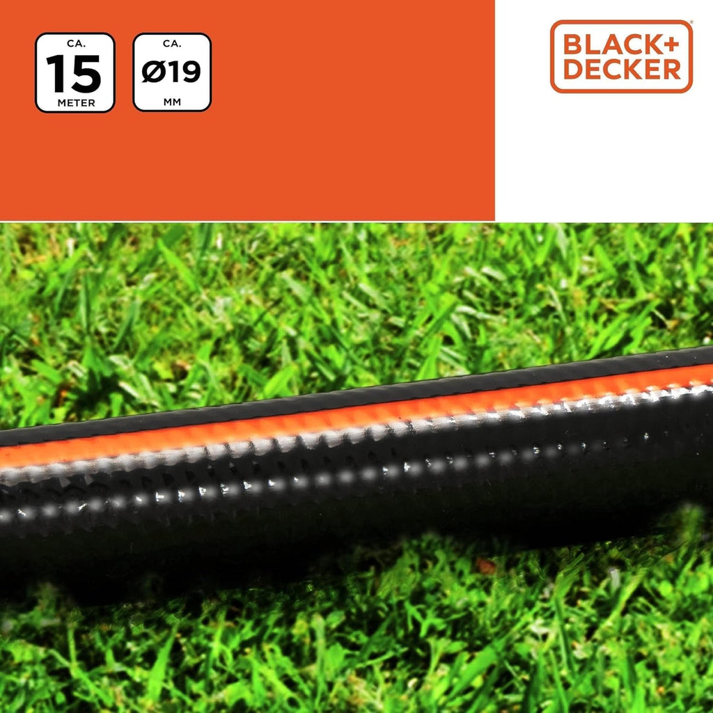 Furtun de grădină BLACK+DECKER 15 metri - Ø19MM - PVC durabil - Udarea grădinii, spălarea mașinii, umplerea piscinei - Compatibil cu orice robinet standard - Negru/Portocaliu