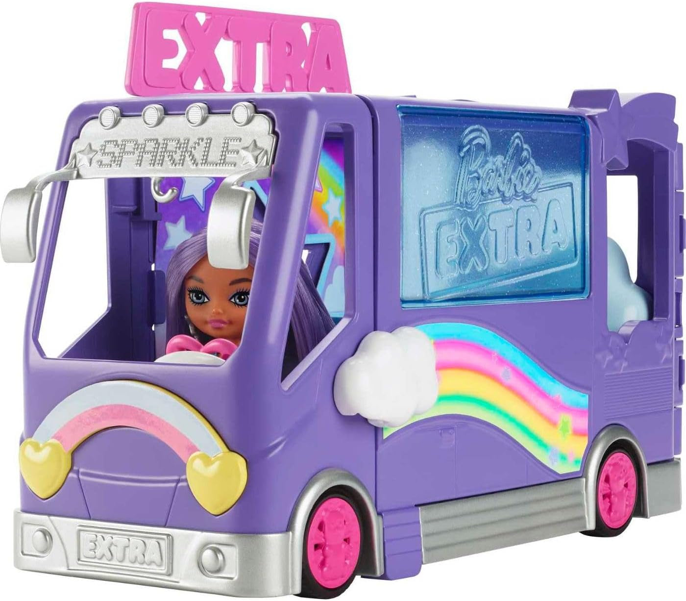 Păpușă Barbie Extra Mini Minis, Păpușă Extra Mini Minis cu Dubă Turistică cu Sclipici Extra, inclusiv accesorii pentru stația de machiaj și spectacol, cadou pentru copii, jucărie pentru vârsta de 3 ani și peste, HKF84