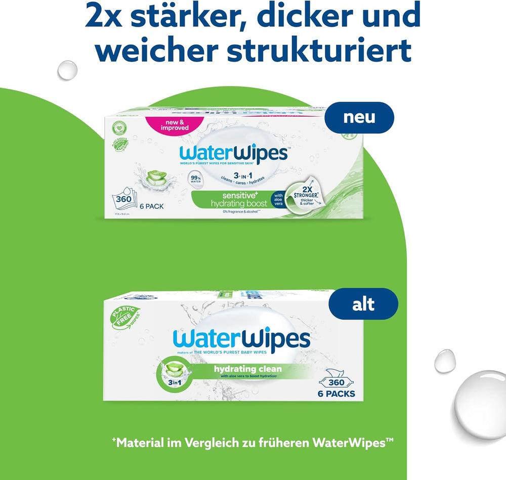 Șervețele umede WaterWipes Sensitive+ Hydrating Boost, șervețele hidratante, 360 bucăți (6 pachete), 3 în 1 curăță, îngrijește, hidratează, 99% apă cu aloe vera, șervețele umede fără parfum pentru bebeluși