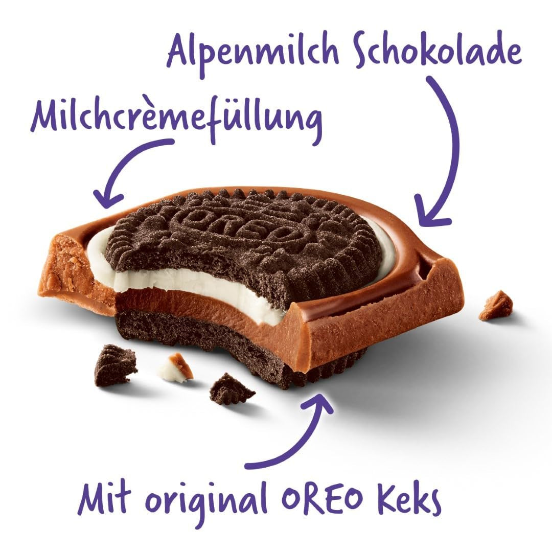 Sandwich Milka Oreo – Ciocolată cu lapte alpină, umplută cu bucățele crocante de biscuiți Oreo și cremă fină de vanilie – 92g