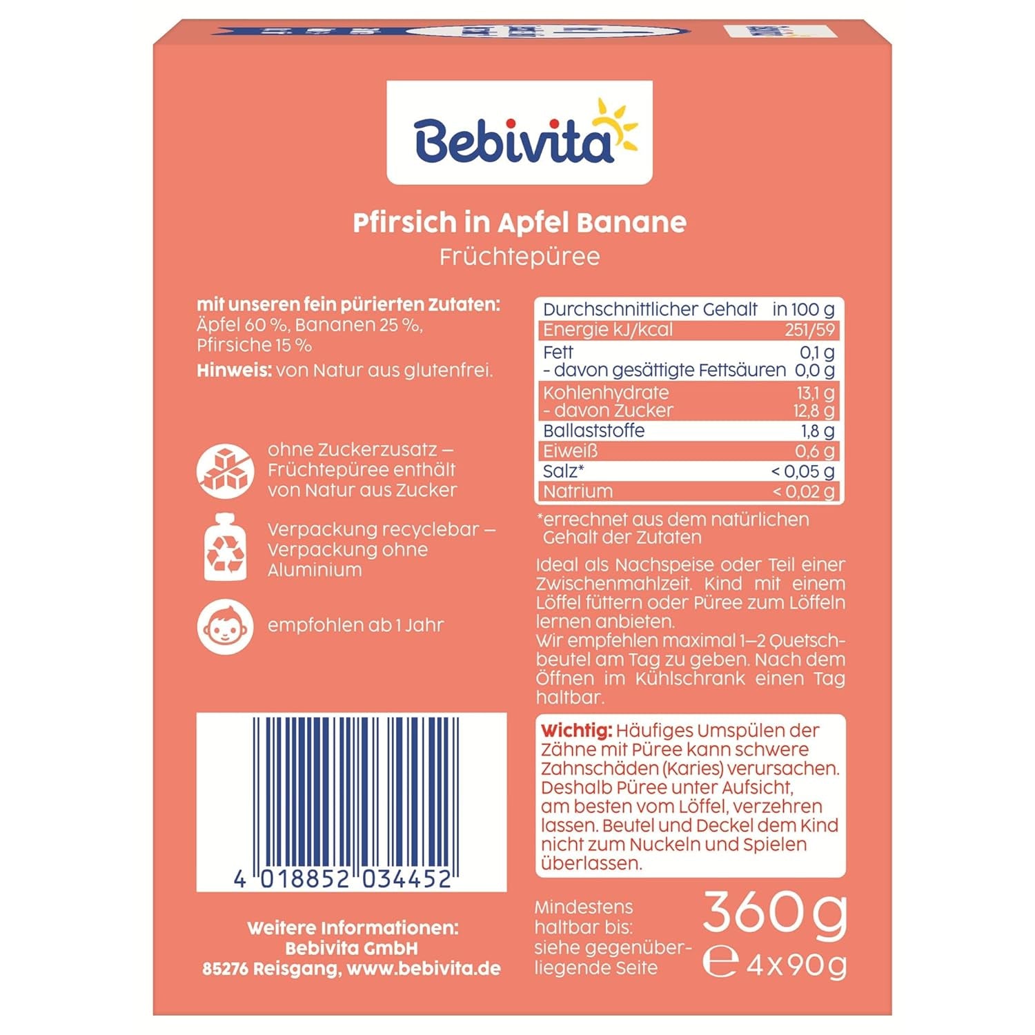 Pliculețe stoarcibile cu piersici, măr și banane – 16 bucăți (pachet de 4, 4 x 90 g fiecare), fără zahăr adăugat, fără gluten, ideale pentru gustări la pachet și pentru consumul independent
