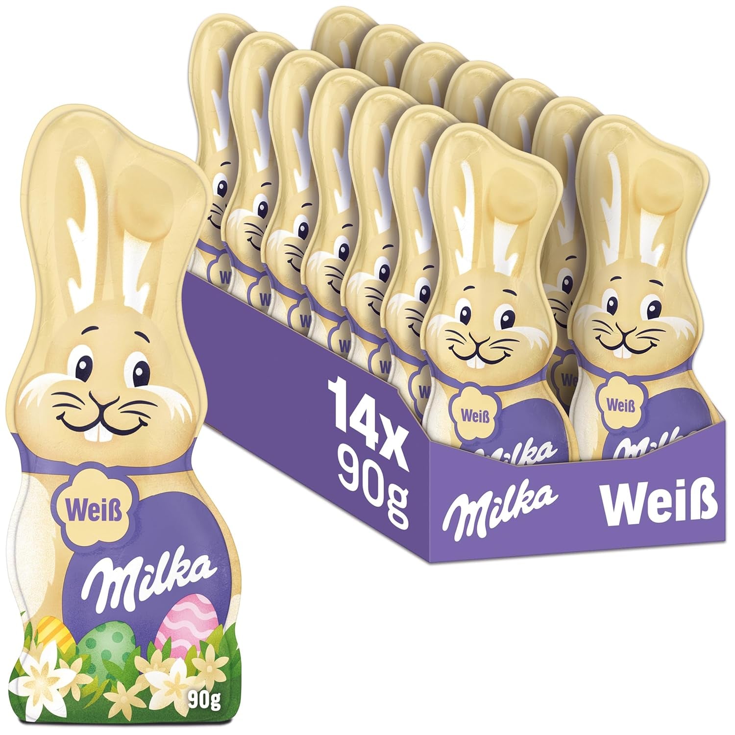 Milka Smiling Bunny White – Ciocolată de Paște din ciocolată albă în formă de iepuraș – 14 x 90g