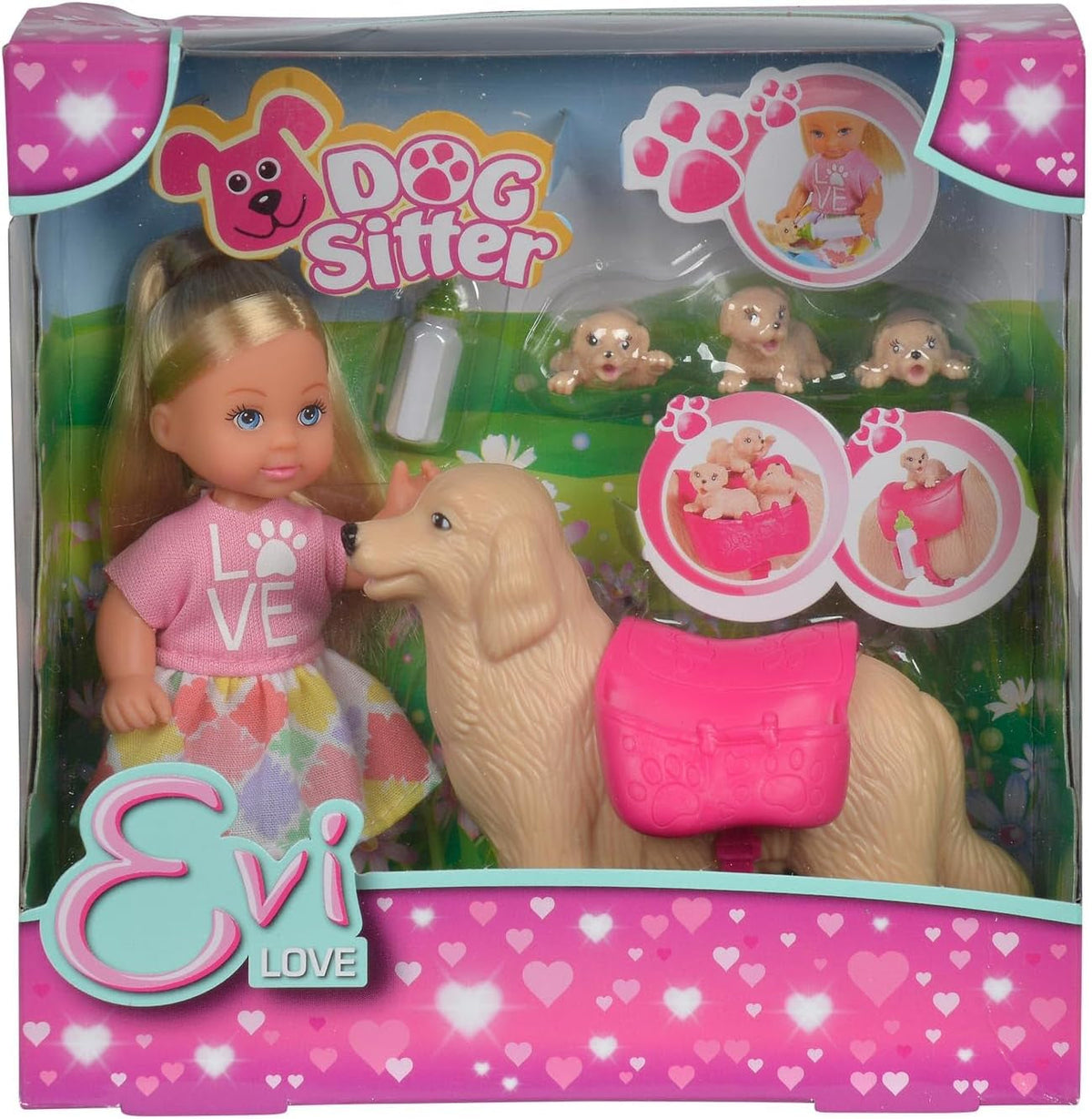 Simba 105733072 - Evi Love Dog Sitter, cu câine și trei căței, accesorii, păpușă de modă, 12 cm, pentru copii cu vârsta de 3 ani și peste