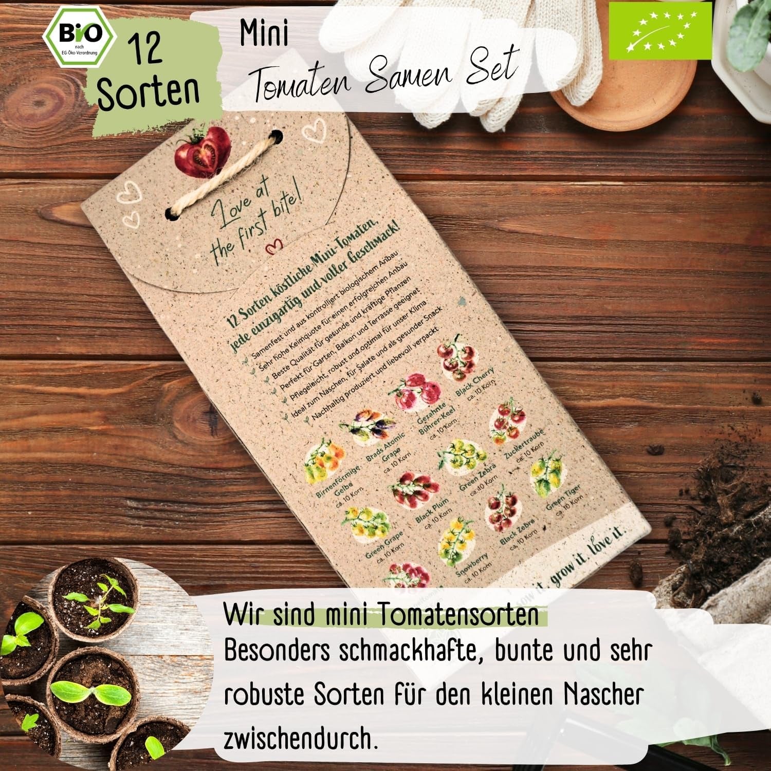 Set de semințe de roșii mini organice: 12 soiuri de roșii cultivate liber | Semințe de roșii cu roșii cocktail rare și de familie, cherry și beefsteak | Semințe de legume pentru balcon, pat înălțat, grădină și cadou | Loveplants