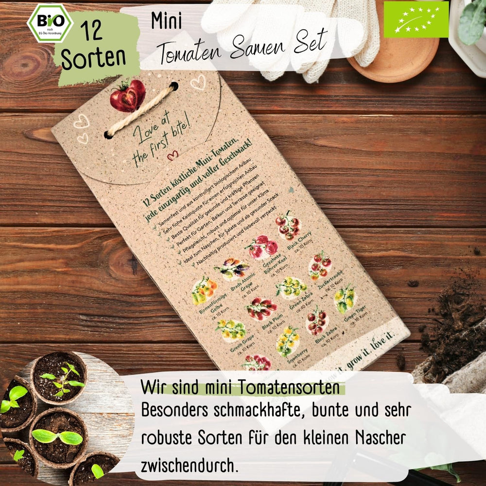 Set de semințe de roșii mini organice: 12 soiuri de roșii cultivate liber | Semințe de roșii cu roșii cocktail rare și de familie, cherry și beefsteak | Semințe de legume pentru balcon, pat înălțat, grădină și cadou | Loveplants