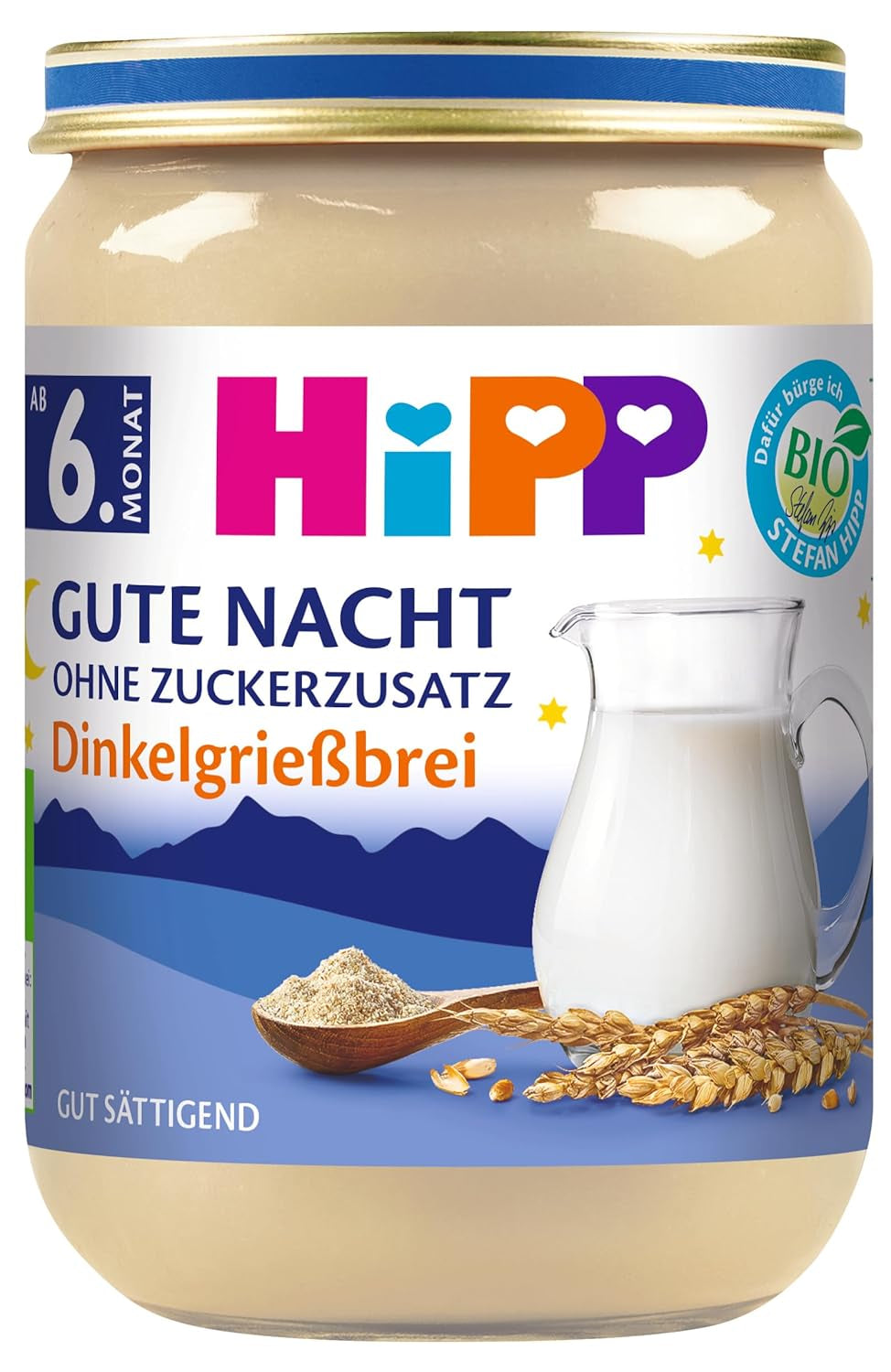 HiPP Bio Gute Nacht Dinkelgrießbrei (6 x 190g), Babybrei ab 6. Monat, ohne Zuckerzusatz, gut sättigend, in bester Bio-Qualität