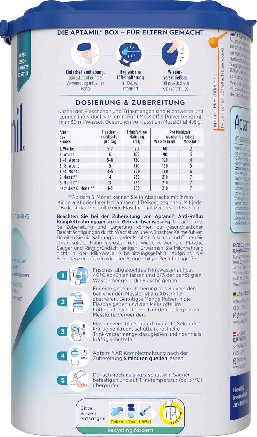 Aptamil Anti-Reflux - Formulă completă de la naștere, pentru gestionarea dietei, pentru vomă și regurgitație, hrană pentru bebeluși, lapte praf, 1 x 800 g