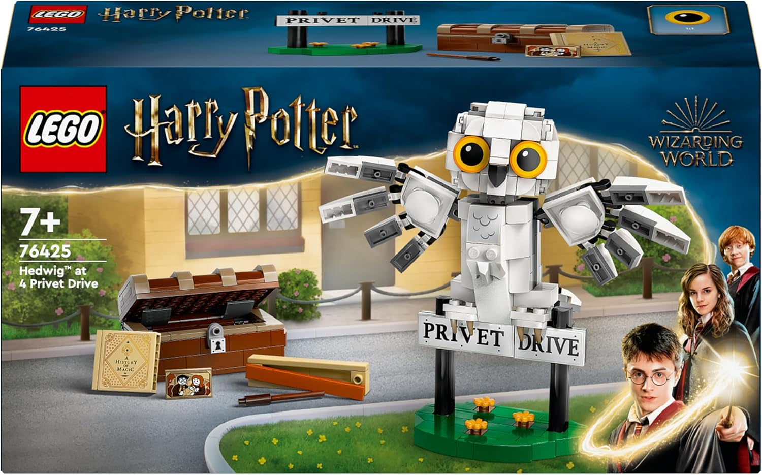 LEGO Harry Potter Hedwig în Privet Drive 4 Set cu bufniță de jucărie pentru copii, figură animal construibilă cu valiza Hogwarts, cadou mic pentru băieți, fete și toți fanii de la 7 ani 76425 Seturi de constructie Besuche den LEGO-Store