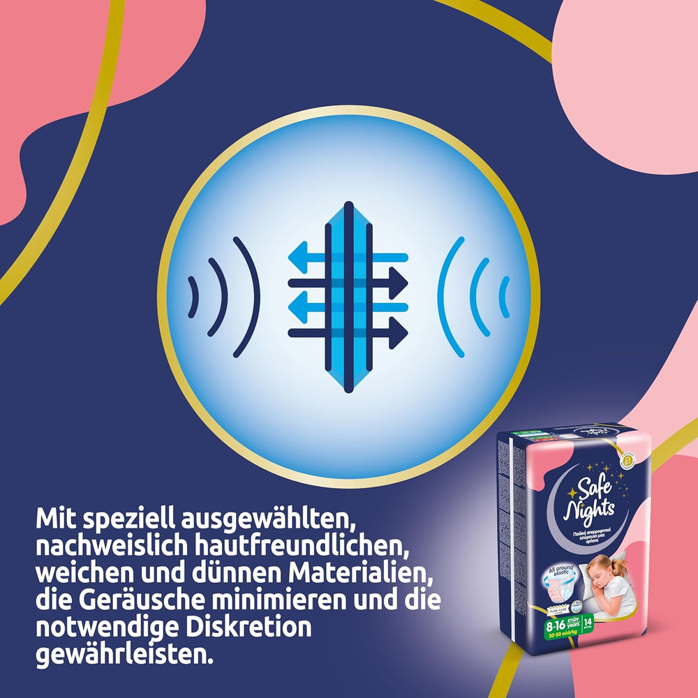 Safe Nights Girl, chiloți absorbanți de noapte pentru fete cu vârsta cuprinsă între 8 și 16 ani (30-50 kg), 14 bucăți