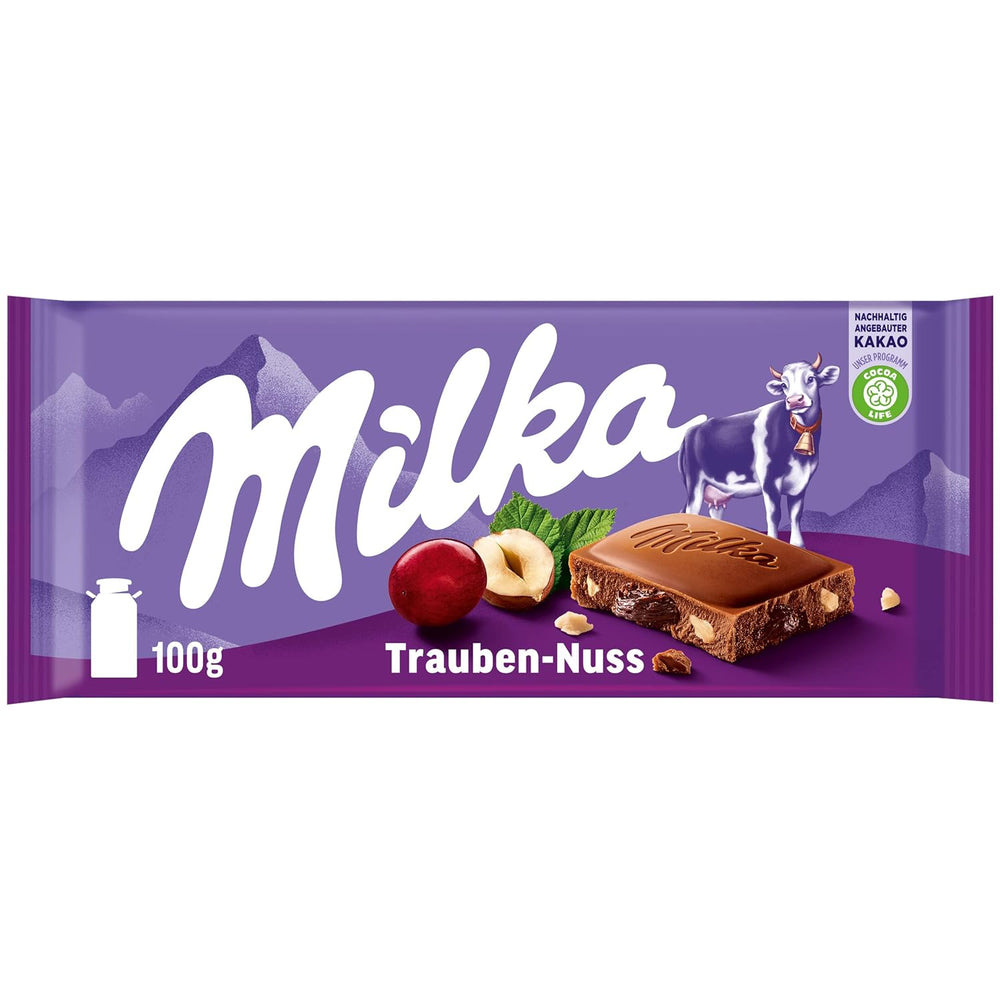 Milka Struguri și Alune – Ciocolată cu lapte alpină cu bucăți de alune și stafide – 90g
