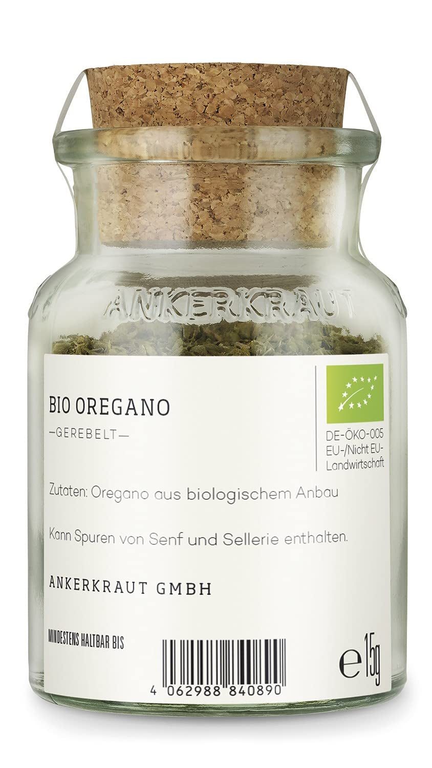 Ankerkraut BIO Oregano, gerebeltes Küchen-Kraut, 15 g im Korkenglas, Bio-Qualität zum selber Würzen, Gewürz mediterrane Küche für Pizza & Pasta