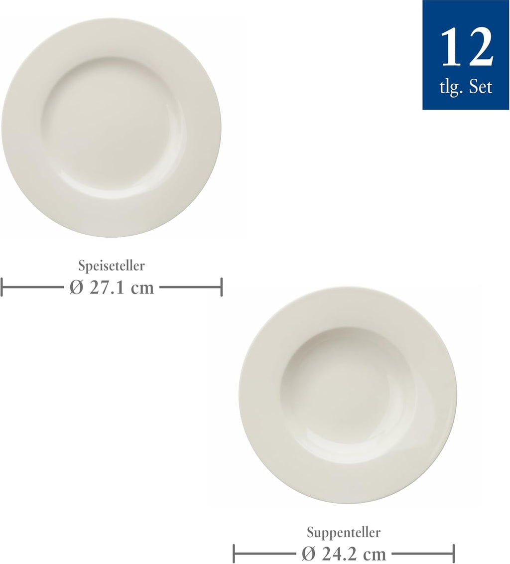 Vivo by Villeroy & Boch Basic White Tafelservice 12 Teilig Weiß, Teller Set, Weißes Geschirr, Geschirrset 6 Personen, Essservice, Speiseteller, Suppenteller, Spülmaschinenfest, Premium Porzellan Seturi vesela masa Naty Shop