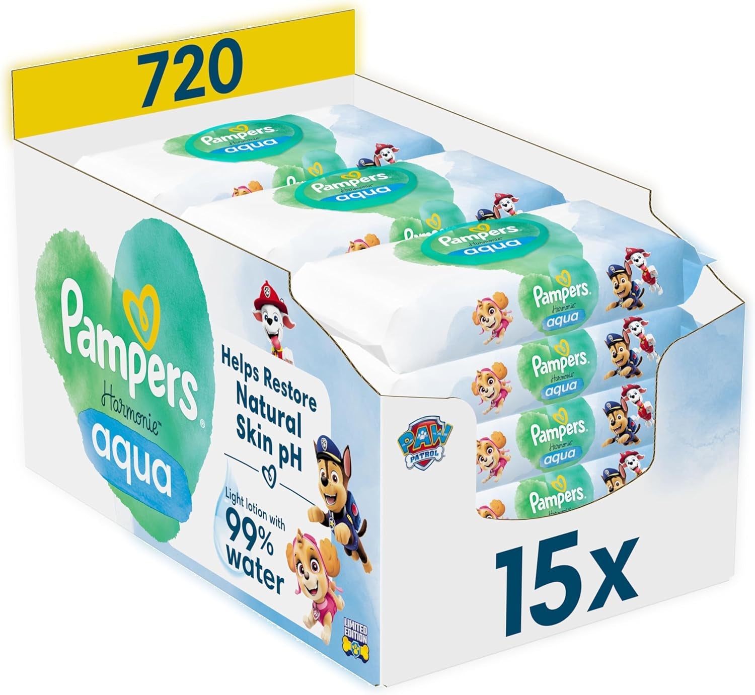 Șervețele umede Pampers Harmony Aqua pentru bebeluși, Patrula Cățelușilor, 15 pachete a câte 48 de șervețele, 720 de șervețele umede pentru bebeluși care ajută la restabilirea echilibrului natural al pH-ului pielii, loțiune ușoară cu 99% apă