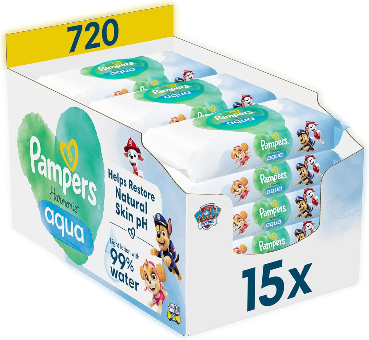 Șervețele umede Pampers Harmony Aqua pentru bebeluși, Patrula Cățelușilor, 15 pachete a câte 48 de șervețele, 720 de șervețele umede pentru bebeluși care ajută la restabilirea echilibrului natural al pH-ului pielii, loțiune ușoară cu 99% apă