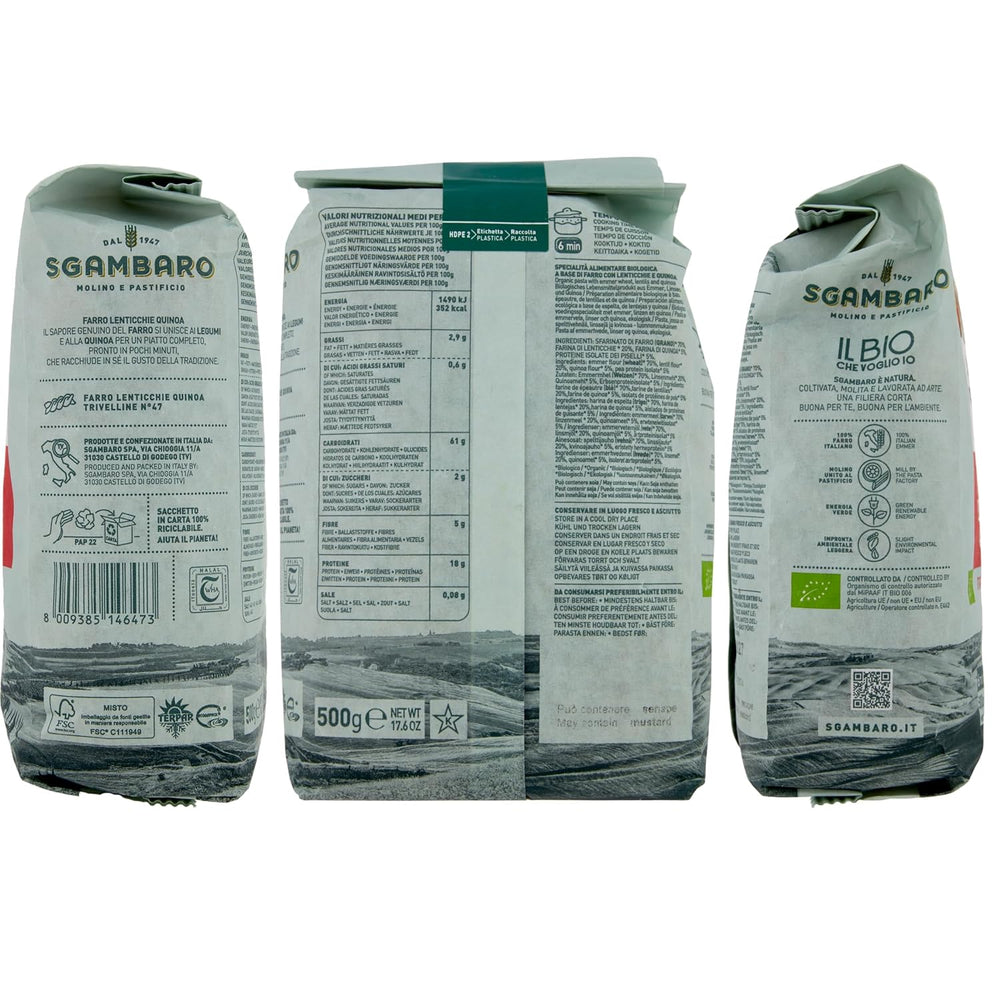 Paste organice Trivelline N.47 - 500g cu făină de spelta, făină de linte și făină de quinoa – Bogate în proteine, sursă de fibre și proteine