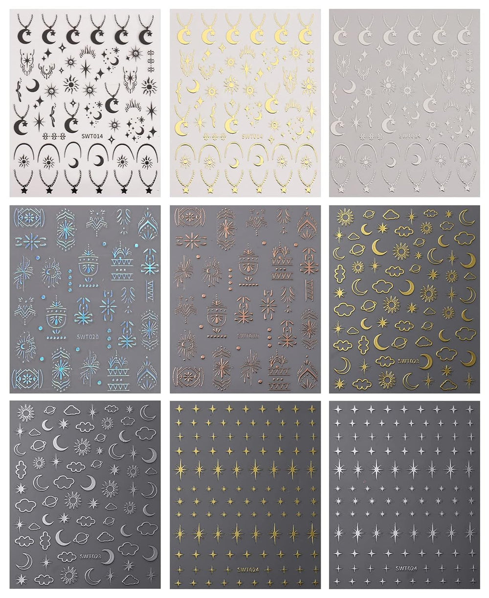 JMEOWIO Nagelsticker Mond Stern 9 Blatt Nail Art Sticker Selbstklebend Nagelaufkleber Bunter Dekoration Nageldesign Zubehör