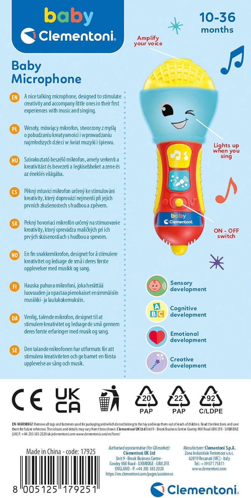 Clementoni - Microfon pentru copii, joc muzical electronic pentru copilăria timpurie, jucărie 10-36 luni, centru de activitate cu lumină și sunete, 17931 Jucarii Bebe Naty Shop