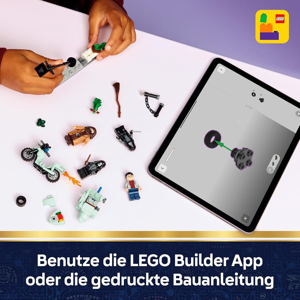 LEGO Harry Potter Hagrids und Harrys Flucht aus dem Ligusterweg - Motorrad Spielzeug mit 4 Minifiguren - 2 Todesser, eine Straßenszene - Geschenk für Mädchen, Jungen und Fans ab 8 Jahren - 76459