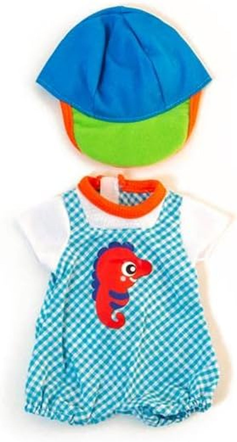 Miniland Set Puppenkleidung 32cm, geringeltes T-Shirt mit Latzhose und Mütze, Übergangszeit