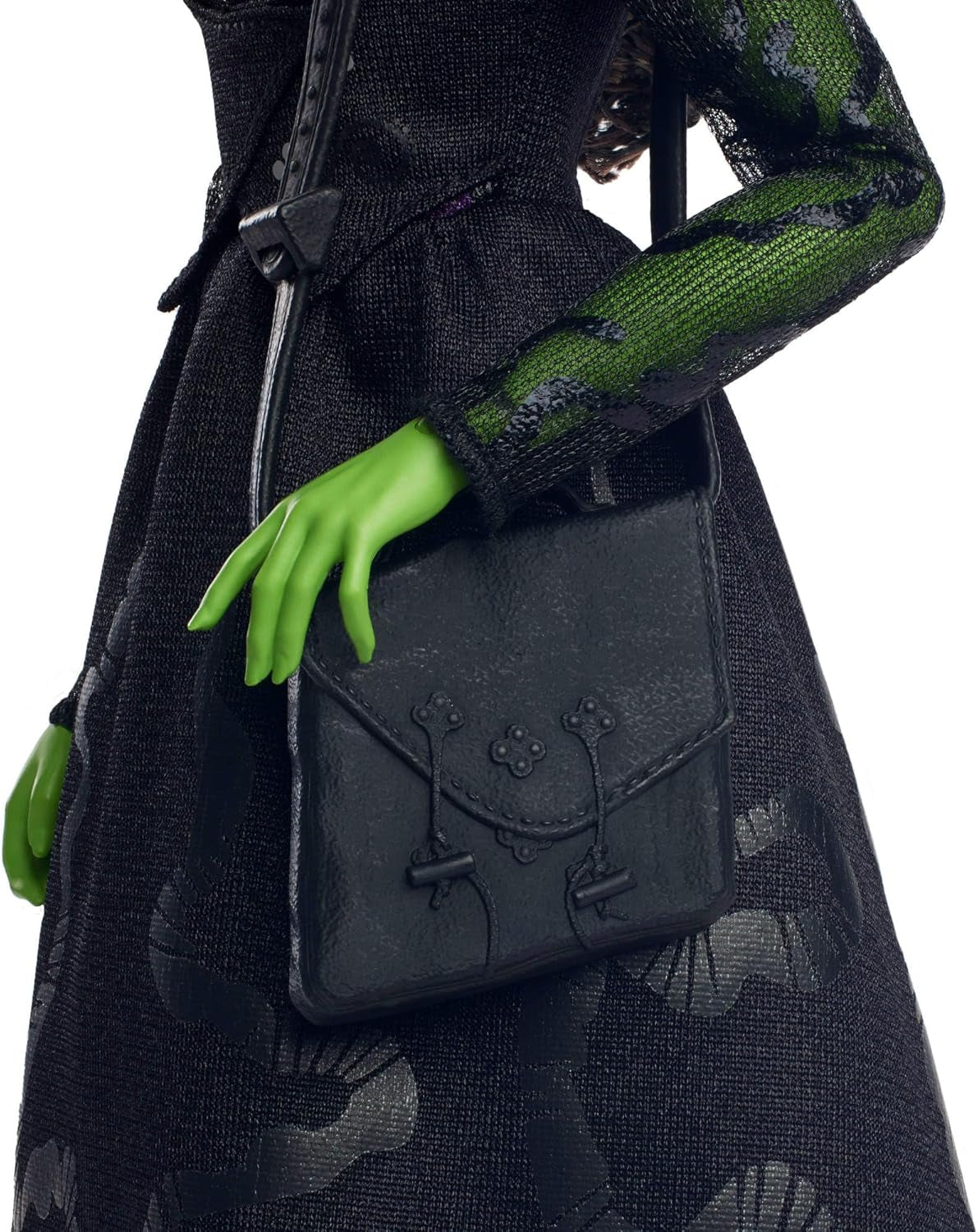​Mattel Wicked Elphaba-Modepuppe und Accessoires mit grüner Haut, geflochtenen schwarzen Haaren, verschiedene Posen möglich und ausziehbarer Ballkleid-Look, HXT62, [Mehrfarbig]