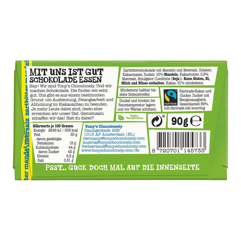 Tony's Chocolonely - Ciocolată neagră cu migdale și sare de mare 90g