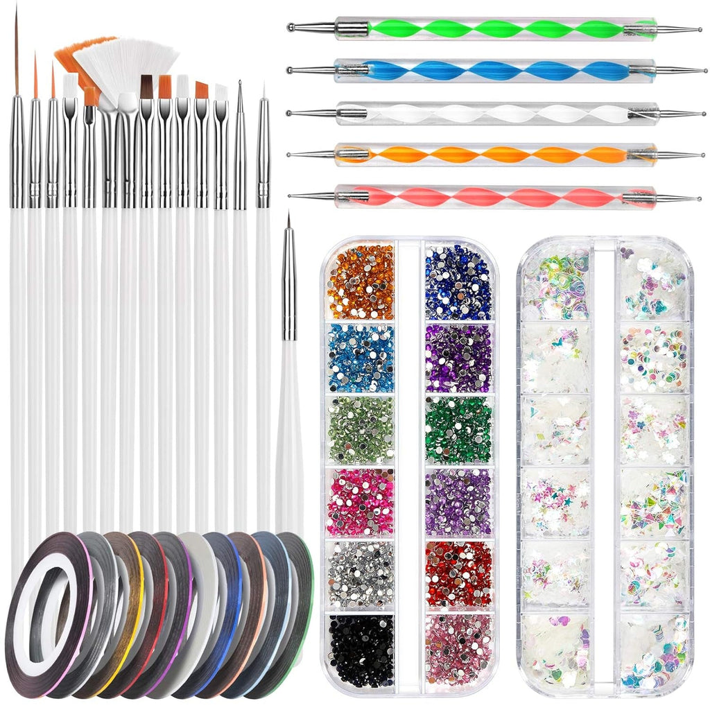 FANDAMEI Nail Art Pinsel Set, 15 Stücke Pinsel Für Gelnägel Nagel Pinsel, 5 Stücke Dotted Pen, 10 Rolle Streifenband Nägel, Strasssteine Nägel, Ultra Dünn Nagel Pailletten Für Nagelkunst Maniküre Set