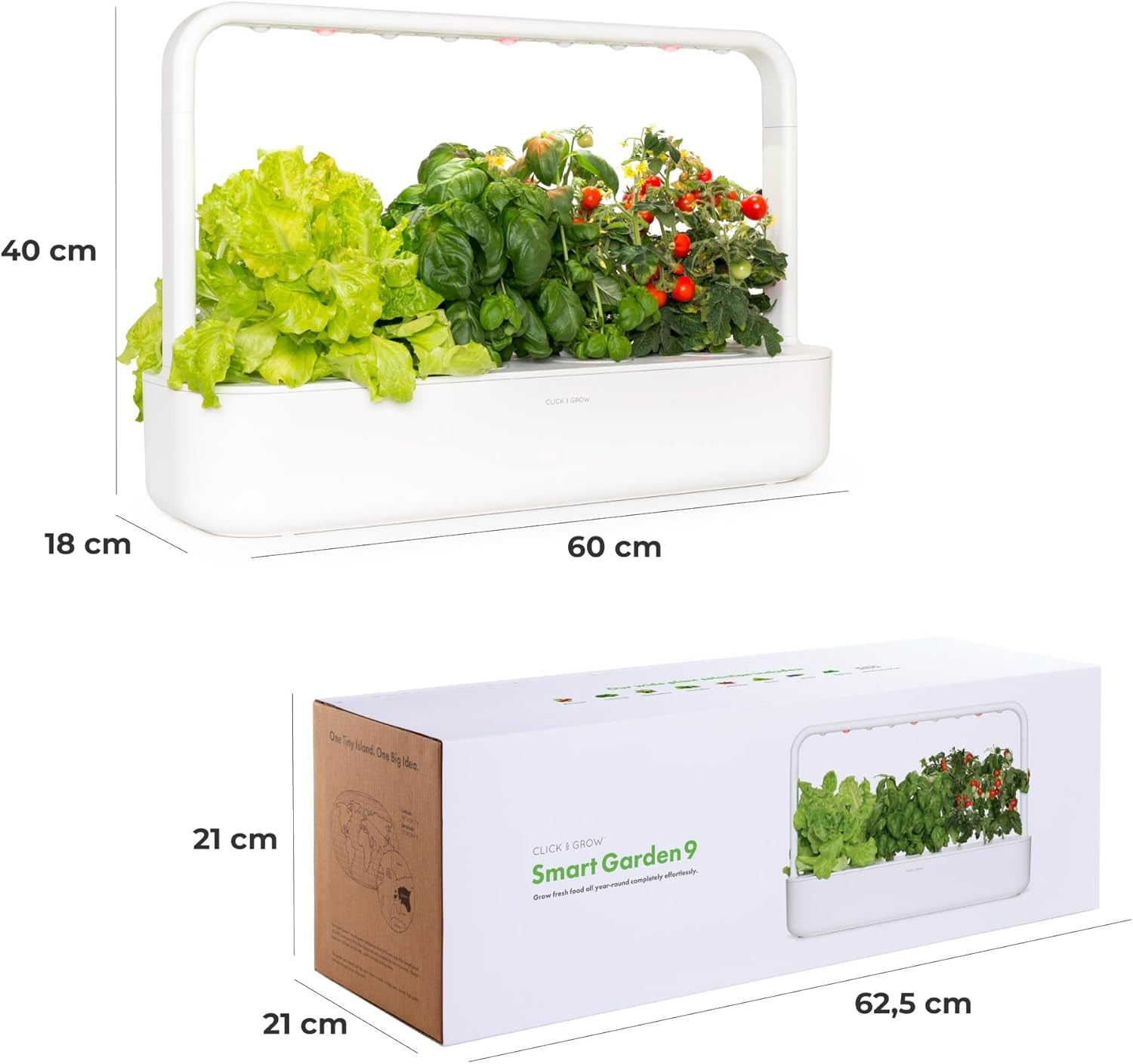 Grădină interioară Click and Grow, mai ușoară decât un sistem de creștere hidroponic, Grădină inteligentă cu LED, grădină de plante aromatice, seră interioară cu 9 capsule de plante incluse (alb)