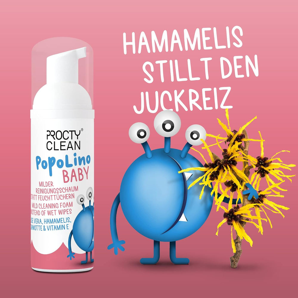 Spumă delicată PopoLino Baby pentru fund, în loc de șervețele umede pentru bebeluși. Spumă de curățare cosmetică vegană și naturală! Spumă pentru fund cu aloe vera, hamamelis, bergamotă și vitamina E. Face fundurile și mediul înconjurător fericite.