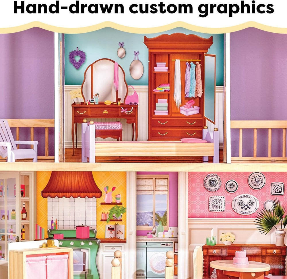 Casă de păpuși din lemn Kidkraft Charlotte cu mobilier și accesorii, casă de păpuși în stil clasic pentru păpuși de 30 cm, jucărie pentru copii de la 3 ani, 65956 Casute de papusi Naty Shop