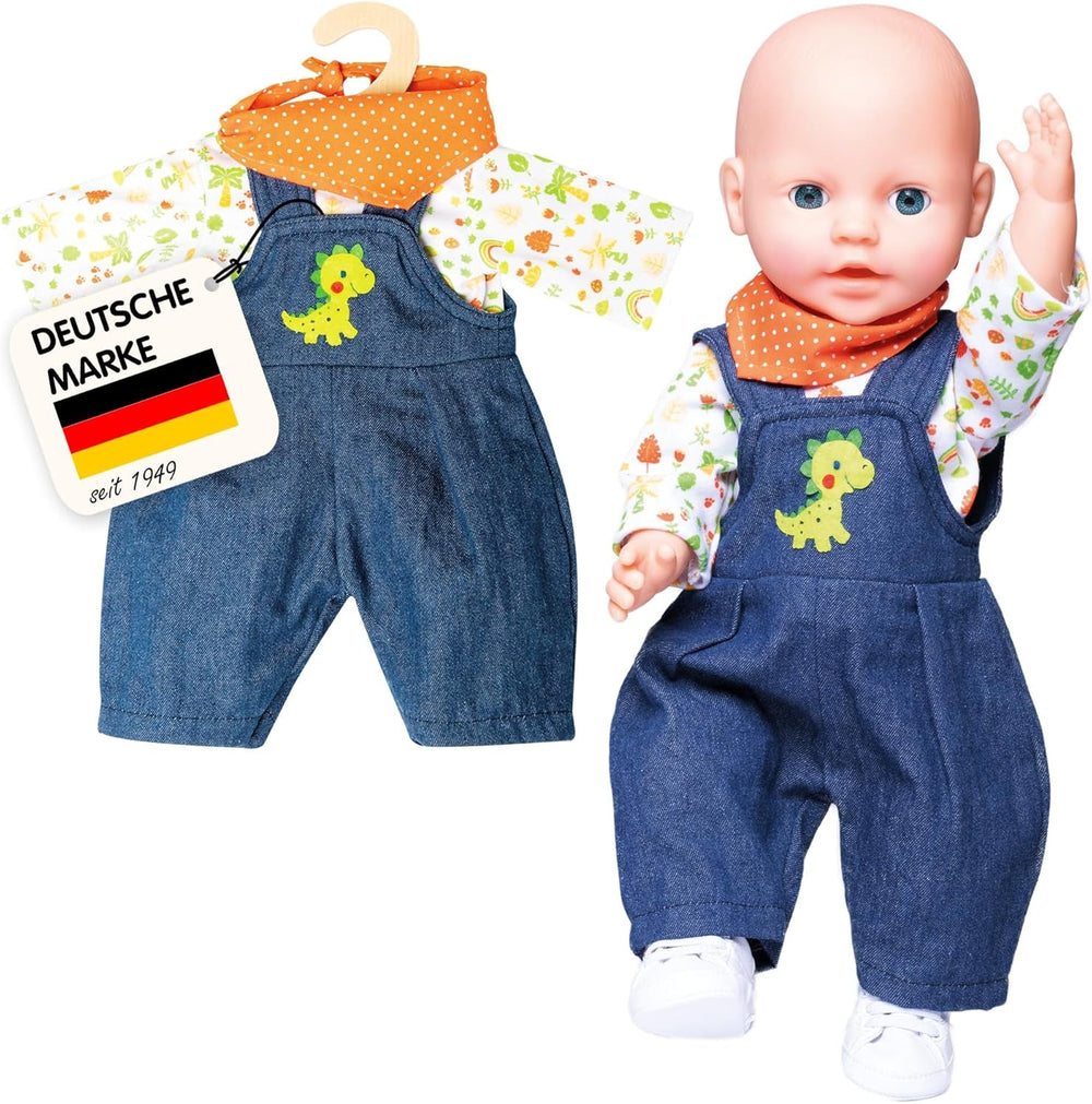 Heless 2115 - Bekleidungs-Set für Puppen im Dino-Design, 3 teilig mit Latzhose, T-Shirt und Halstuch, Größe 35 - 45 cm