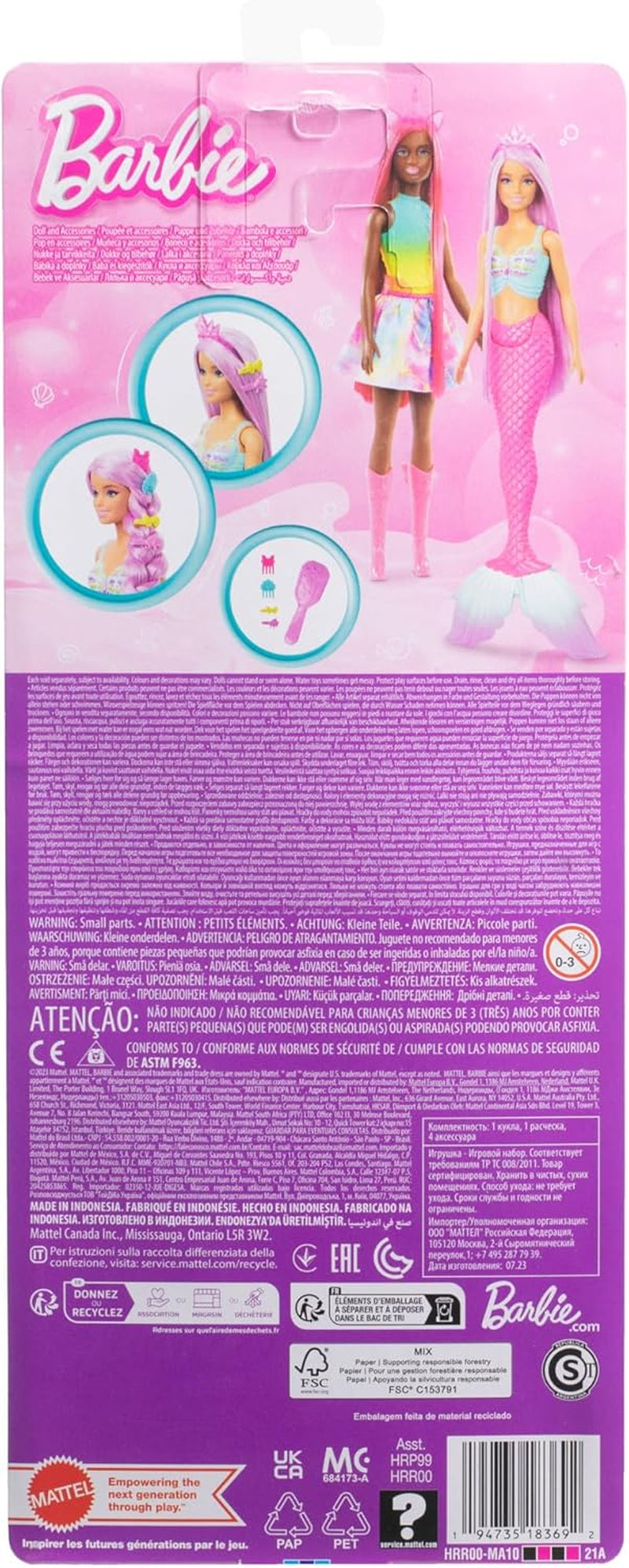 Păpușa Barbie Sirenă - cu păr lung roz și accesorii pentru coafare individuală, inclusiv perie, vârf frumos în formă de scoică și aripioară caudală roz, pentru copii cu vârsta de 3 ani și peste, HRR00