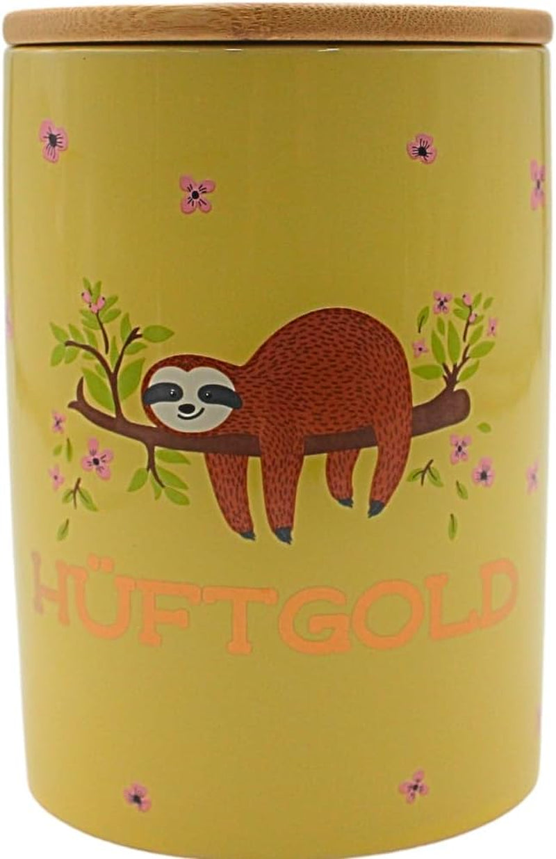 Dekohelden24 Cutie ceramică elegantă pentru depozitare/cafea/alimente proaspete/biscuit Hüftgold. Motivul: leneș. Dimensiuni: H/Ø 15,6 x 11 cm. Cutii depozitare alimente Naty Shop Leneș