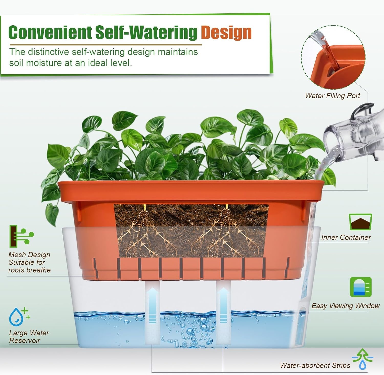 Ghiveci de flori cu auto-udare, set de 3, ghivece dreptunghiulare de 27 cm, ghivece pentru plante aromatice, cutii pentru pervaz cu rezervor de apă, ghivece moderne din plastic pentru interior și exterior, grădină, birou