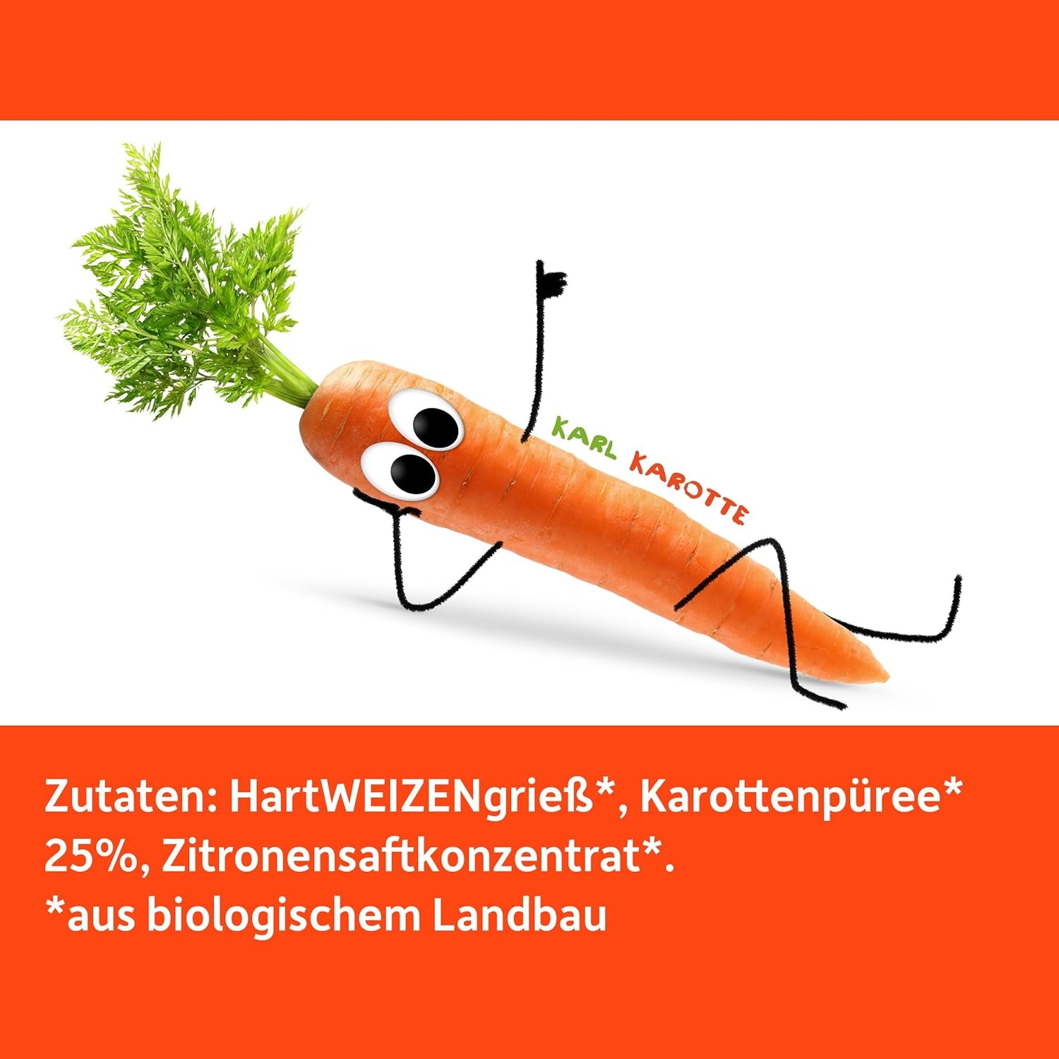 Tăiței vegetali organici Freche Freunde „Morcov”, cu 25% conținut de legume, vegani, pachet de 6 (6 x 300 g)