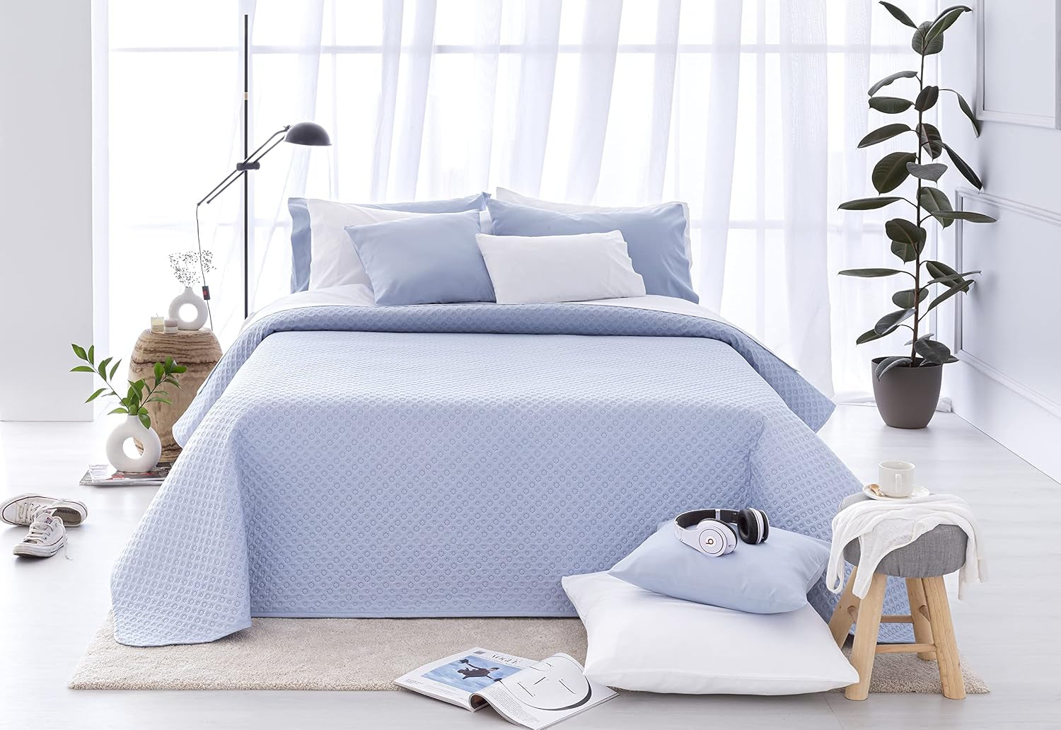 Cuvertură de pat Todocama Fine Boutique cu motiv Piqué, pentru primăvară, vară, toamnă și iarnă, 100% microfibră foarte moale, cuvertură multifuncțională, 140/150/160-250 X 260 cm, gri deschis Paturi si Cuverturi Besuche den Todocama-Store Albastru deschis 200 X 260 Cm