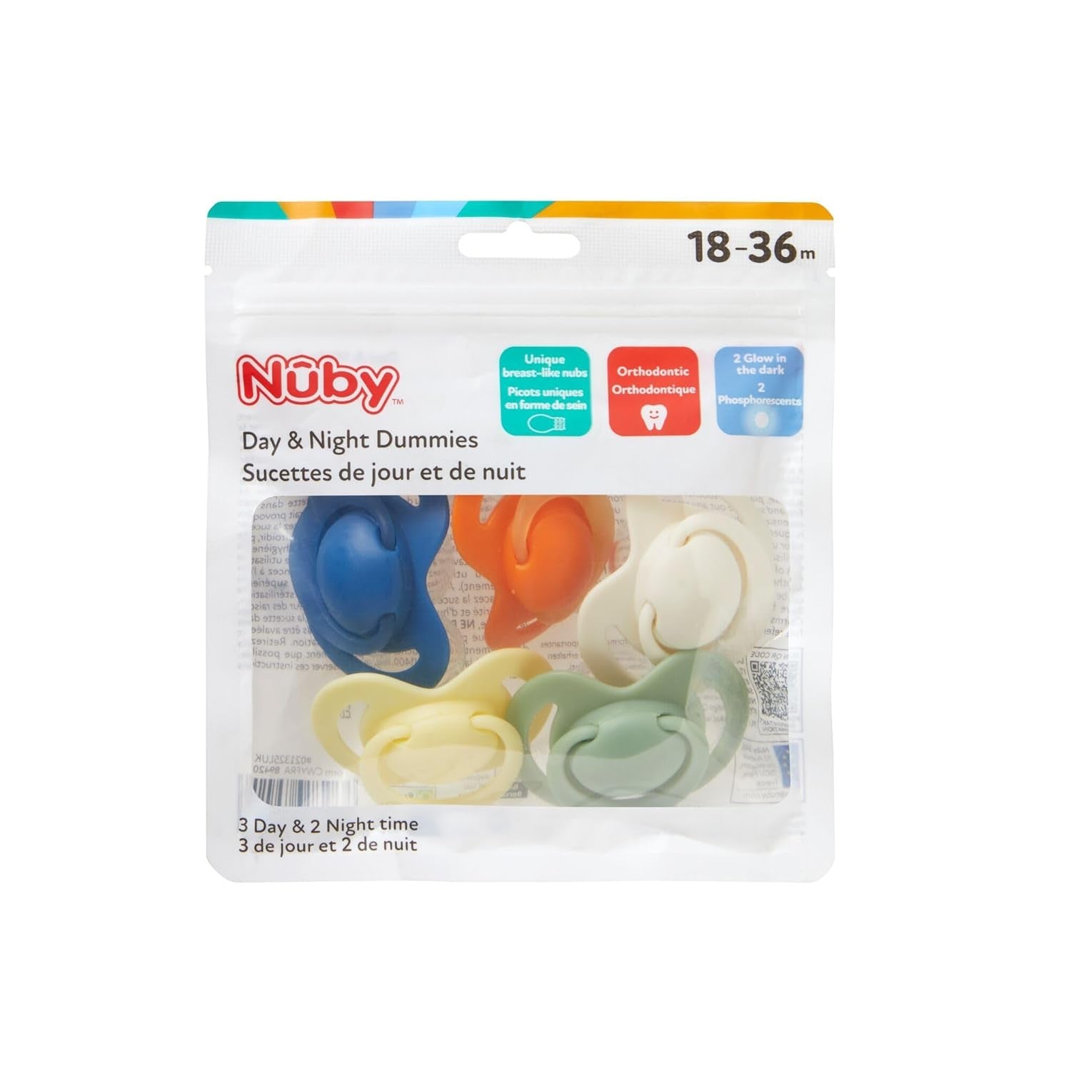 Nuby – Set de 5 tetine și suzete ortodontice din silicon moale | 3 modele pentru zi și noapte | 2 modele care strălucesc în întuneric | Fără BPA | Formă asemănătoare sânilor | Pentru 18-36 de luni