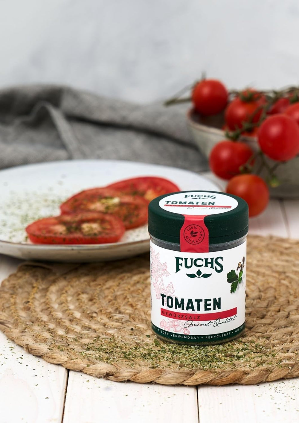 Fuchs Gewürze - Tomaten Gewürz - Gewürzsalz für Tomatenbrot, Frühstücksei oder Steak - natürliche Zutaten - 90 g in wiederverwendbarer, recyclebarer Dose