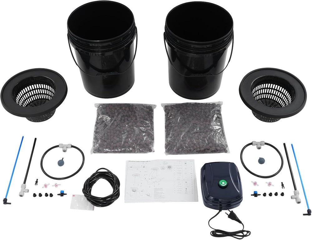 Set complet sistem hidroponic DWC cu pompă de aer de 12W, 2 găleți (5 galoane), sistem de creștere hidroponică, 2 saci de Ceramsite, kit de irigare pentru ghiveci