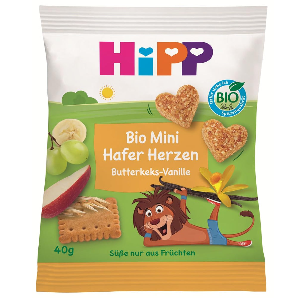 HiPP Mini Biscuiți cu Unt și Inimi de Ovăz și Vanilie (12 x 40g), de la 1 an, gustare batonă organică în formă de inimă, cu conținut ridicat de cereale și fibre, îndulcită doar cu fructe, de cea mai bună calitate organică