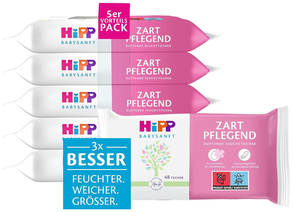 Șervețele umede pentru bebeluși HiPP Babysanft Delicatese, 720 bucăți (3 x 240), cu extract organic de migdale, deosebit de prietenoase cu pielea, pentru curățarea delicată a pielii sensibile a bebelușilor