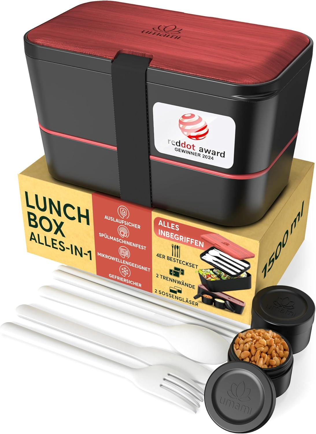 Cutie de prânz Umami pentru adulți, cutie bento stivuibilă etanșă cu 4 tacâmuri și compartimente, cutie de prânz pentru adulți, recipient pentru salată to-go, cutie de prânz pentru picnic / birou, gri cărbune, 1500 ml Cutii depozitare alimente Naty Shop Lemn de trandafir negru L - 1500 Ml Stivuibile unul în celălalt