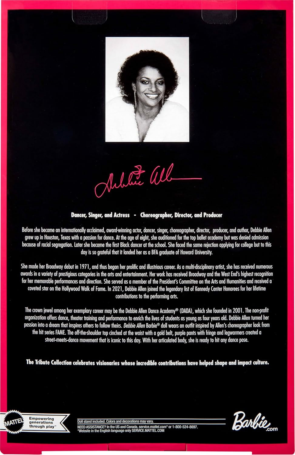 Barbie Signature Puppe, Debbie Allen Tribute Collection Bewegliche Puppe mit schulterfreiem Oberteil, goldenem Gürtel und violetten Fransenhosen mit Stulpen, JBJ24