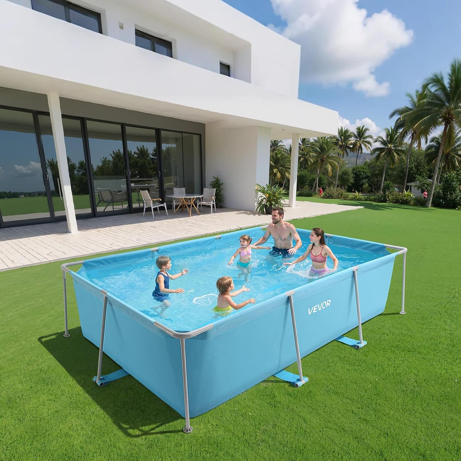 Piscină VEVOR Frame, piscină supraterană, 3000x2000x762 mm, piscină cu cadru din oțel, piscină dreptunghiulară cu cadru din oțel, piscină cu cadru pentru grădină, piscină de grădină cu o capacitate de apă de 3960 L, pentru 4-5 persoane, albastră
