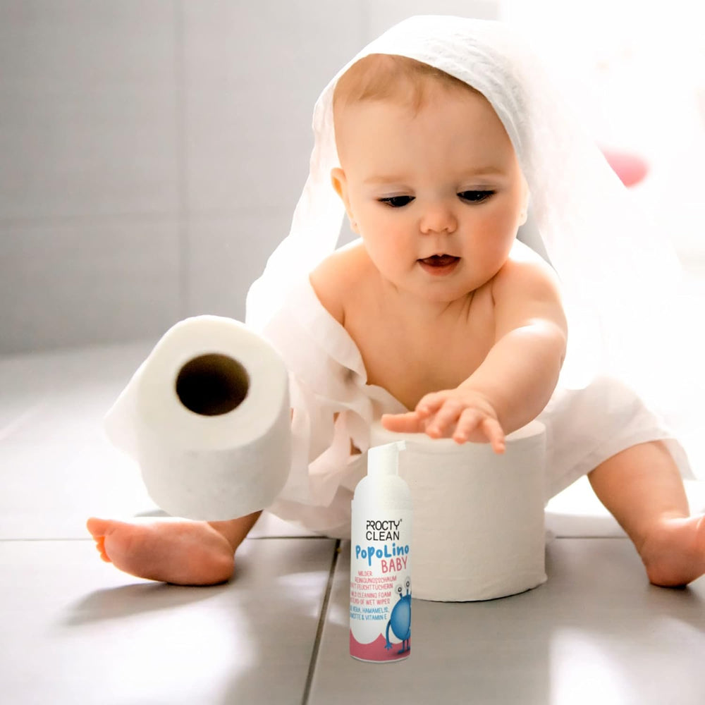 Spumă delicată PopoLino Baby pentru fund, în loc de șervețele umede pentru bebeluși. Spumă de curățare cosmetică vegană și naturală! Spumă pentru fund cu aloe vera, hamamelis, bergamotă și vitamina E. Face fundurile și mediul înconjurător fericite.