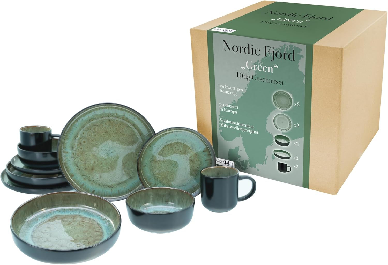 Creatable, 20166, Serie Nordic Fjord Green, 16-Teiliges Geschirrset Für 4 Personen, Kombiservice Aus Steinzeug, Spülmaschinen- Und Mikrowellengeeignet, Qualitätsproduktion Seturi vesela masa Naty Shop Grün Kombiservice 10 Tlg