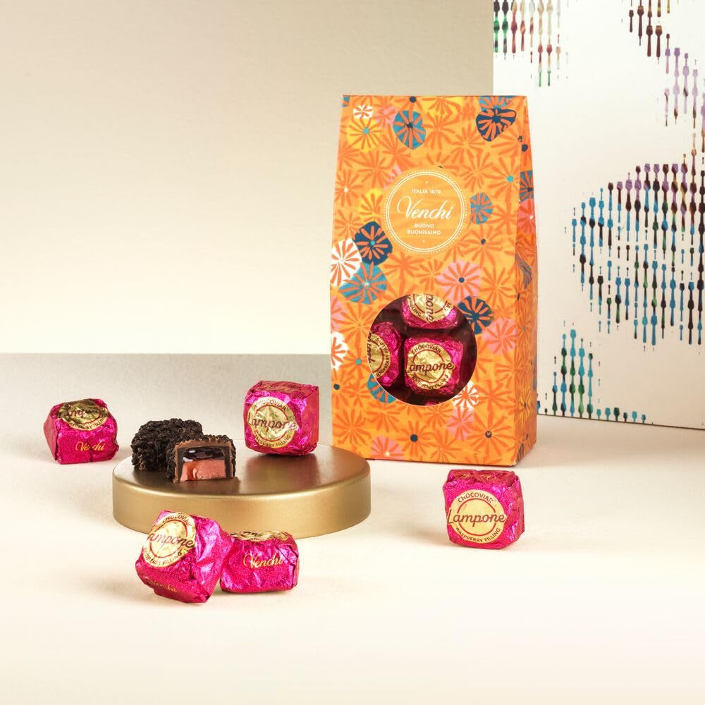 Venchi – Cutie cadou Murrine cu praline Chocoviar de zmeură, cu ciocolată neagră, 288 g, fără gluten, fără coloranți artificiali, fără conservanți – Idee de cadou perfectă
