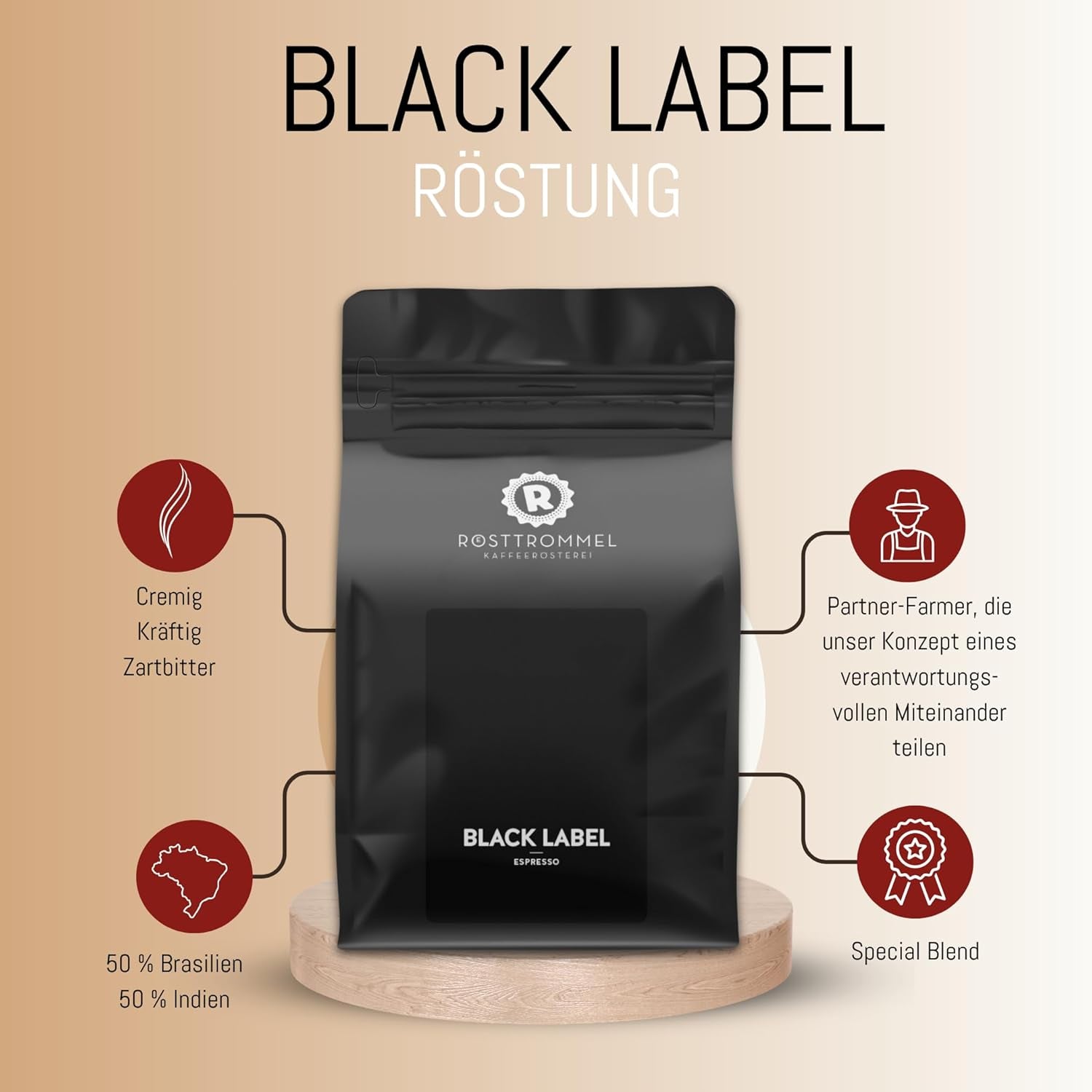 RÖSTTROMMEL BLACK LABEL - Special Blend ESPRESSO, Ganze Kaffee-Bohnen 1kg, 50% Arabica, 50% Canephora, Röstung 8.5/10, 50% Brasilien, 50% Indien, Geschmack: cremig - kräftig - zartbitter Schokolade