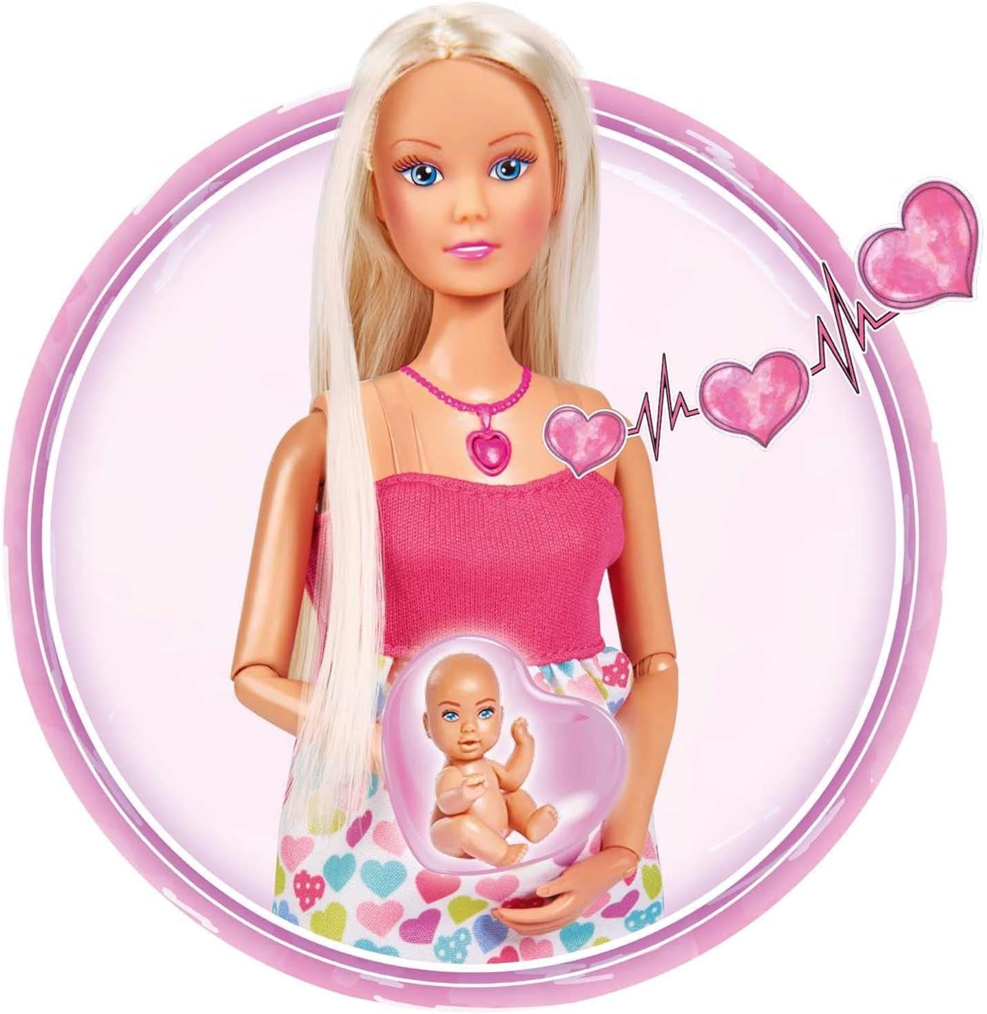 Simba 105733480 - Steffi Love Babyglück, Schwangere Puppe mit Baby und tollen Sounds, Babyzubehör und Babyschale