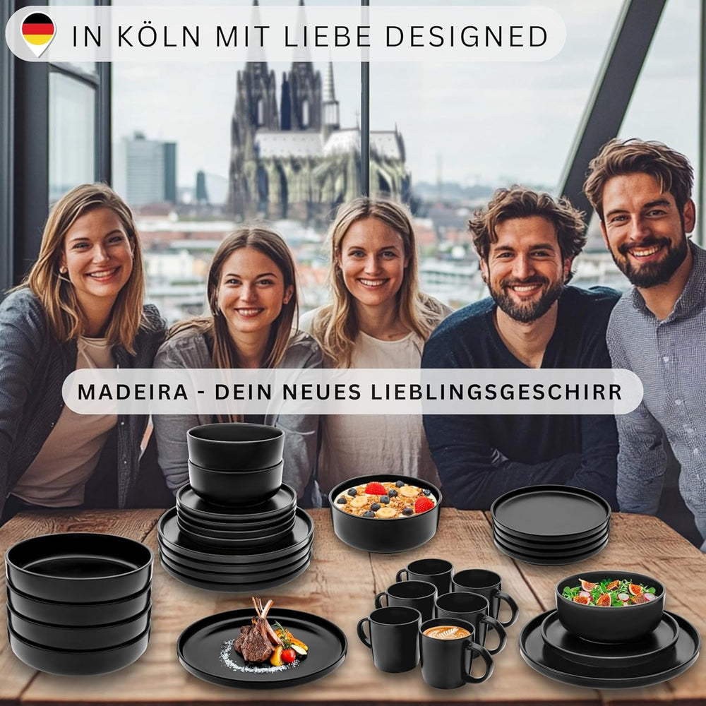 SÄNGER Madeira | Set de veselă combinat cu 24 de piese, set de veselă din gresie pentru 6 persoane, 6 farfurii de cină, 6 farfurii de mic dejun, 6 farfurii de sumă, 6 boluri pentru paste, set de veselă și bol, negru mat | COLECȚIA VALUE