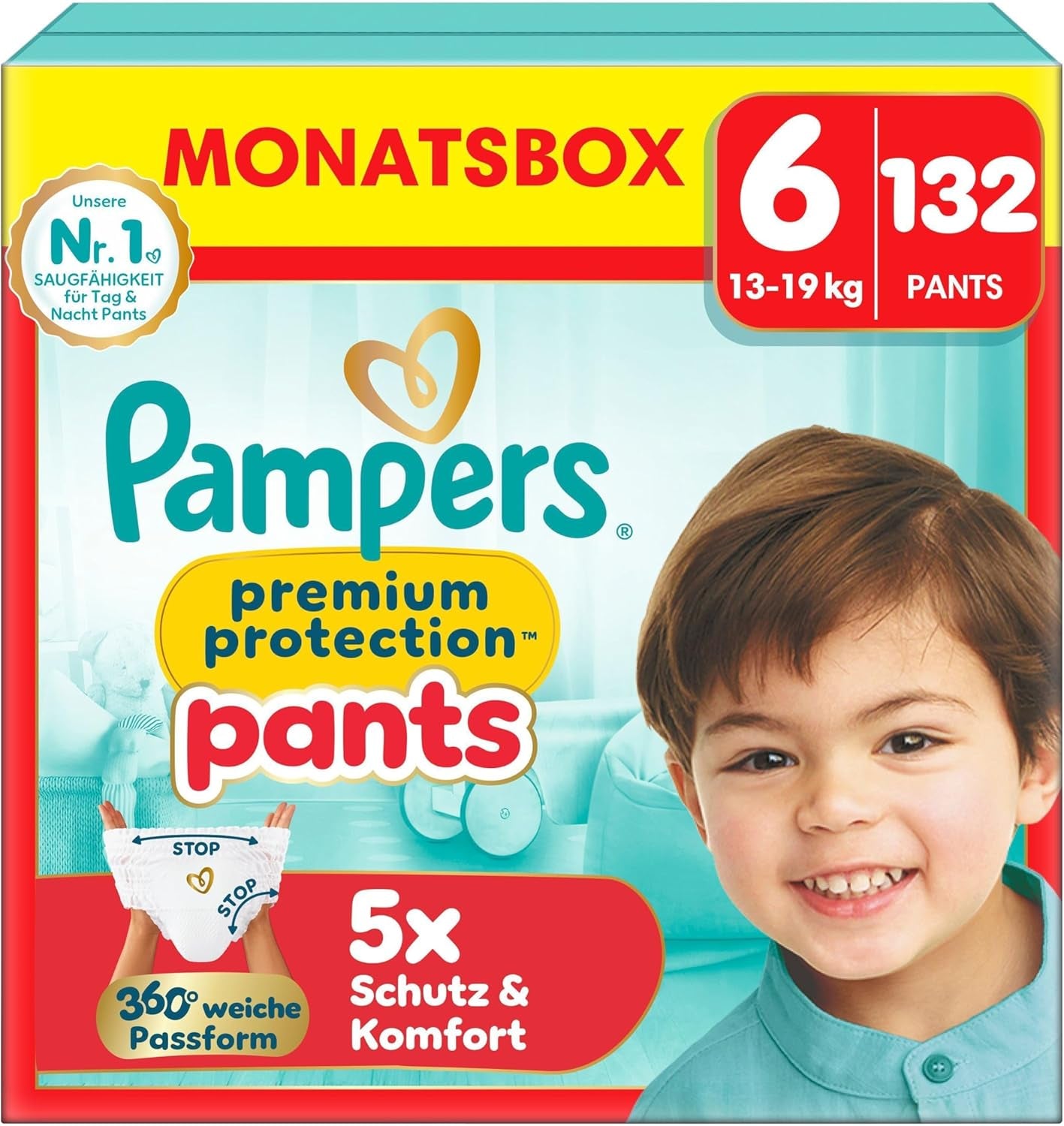 Pampers Premium Protection Pants mărimea 5, 144 scutece, 11 kg - 17 kg, cu ajustare la 360° și manșete moi anti-scurgere pentru confort și protecție optime